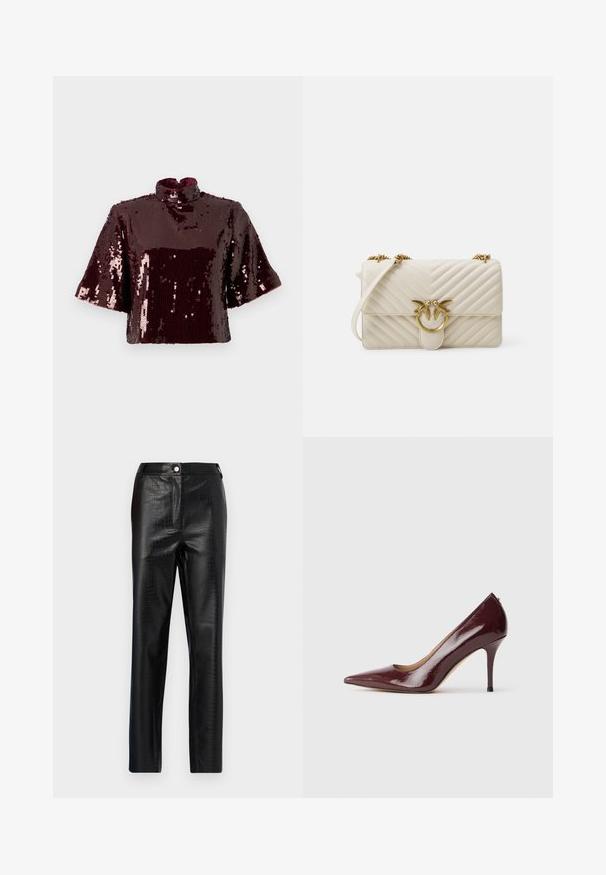 Burgunderfarbener, mit Pailletten besetzter Cropped-Top mit hohem Kragen und kurzen Ärmeln. Strukturierte Oberfläche mit reflektierenden Pailletten, die ein glänzendes Aussehen erzeugen.; Schwarze Kunstlederhosen mit Krokodilprägung, schlanker Schnitt, gerades Bein-Design, mit einem Frontknopfverschluss und standard Bund.; Bordeauxfarbene Lacklederpumps mit spitzem Zeh, niedrigem V-Ausschnitt und schlankem Stiletto-Absatz. Glatte Textur und minimalistisches Design.; Gep quiltete cremefarbene Handtasche mit einem goldfarbenen Vogelförmigen Verschluss, einer Kettenriemen und einem strukturierten Zickzackmuster. Verfügt über einen Klappenverschluss und eine kompakte Form.