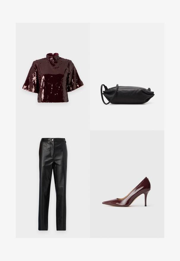 Top court en sequins bordeaux avec un col montant et des manches courtes. Surface texturée avec des sequins réfléchissants, créant une apparence brillante.; Pantalons en faux cuir noir avec motif crocodile, coupe slim, design à jambe droite, dotés d'une fermeture à bouton à l'avant et d'une taille standard.; Pompe en cuir verni bordeaux avec un bout pointu, un décolleté bas et un talon aiguille élancé. Texture lisse et design minimaliste.; Pochette en cuir noir de forme rectangulaire, texture lisse, fine bandoulière et design minimaliste.