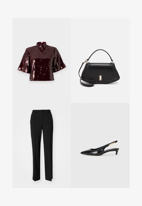 Burgundy, paljettbeströdd crop top med hög hals och korta ärmar. Texturerad yta med reflekterande paljetter som skapar en glänsande look.; Svarta skräddarsydda byxor med rak benform, med en slät yta och skarpa veck fram. Ingen synlig hårdvara.; Svart läder slingback-hälar med spetsig tå, med en smal klack och en guldtonad detalj på den justerbara remmen. Slät textur.; Svart läderhandväska med en strukturerad design, som har en avskuren form, ett handtag upptill och guldiga detaljer. Justerbar axelrem ingår.