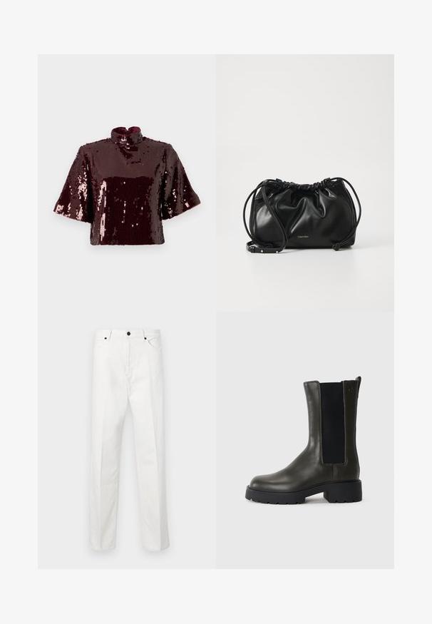 Burgundy sequined crop top with a high neck and short sleeves. Textured surface with reflective sequins, creating a shiny appearance.; White denim pants featuring a straight cut, button closure, and two front pockets. No visible patterns or embellishments. Smooth texture.; Green leather ankle boot with elastic side panels, rounded toe, and rubber sole. Features a textured finish and a block heel.; Black leather handbag with gathered design, dual drawstring closure, and detachable shoulder strap. Features metallic logo detail.