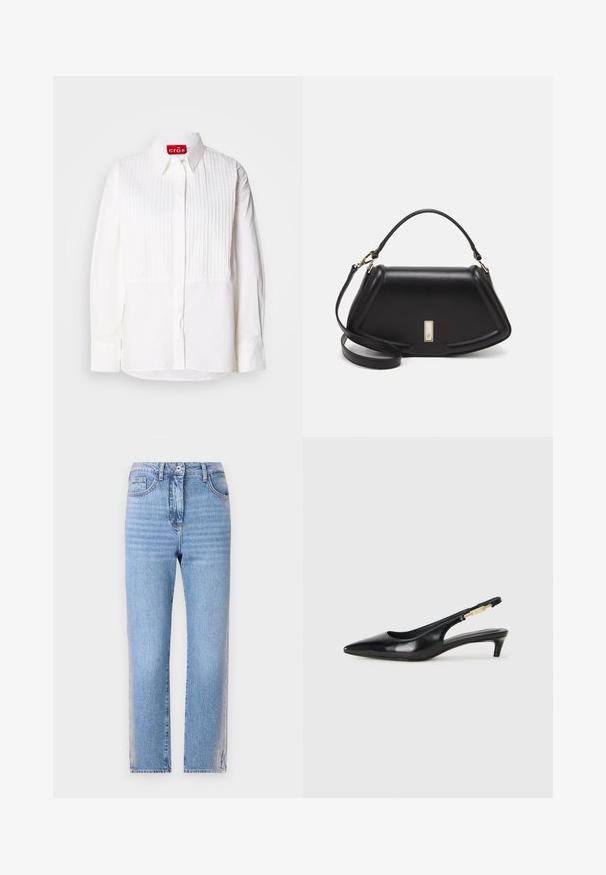 White shirt with a front placket featuring vertical pleats, long sleeves, and a pointed collar. Label inside reads "cras." Smooth fabric texture.; Light blue denim jeans with a straight cut, featuring a button and zipper closure, five pockets, and faded texture on the legs.; Black leather slingback heels with a pointed toe, featuring a slim heel and a gold-tone accent on the adjustable strap. Smooth texture.; Black leather handbag with a structured design, featuring a cropped shape, top handle, and gold hardware accent. Adjustable shoulder strap included.