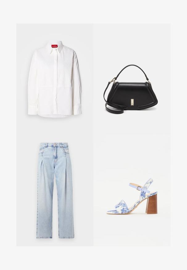 Witte blouse met een voorplooien die verticale plooien heeft, lange mouwen en een puntige kraag. Het label aan de binnenkant leest "cras." Gladde stofstructuur.; Lichtblauwe denim jeans met een hoge taille, wijde pijpen, twee zijzakken en geplooid ontwerp. Zachte textuur met een vervaagd uiterlijk.; Blauw bloemenpatroon sandaal met een vierkante neus, een brede band en een verstelbare enkelband, met een getextureerde houten blokhak.; Zwarte leren handtas met een gestructureerd ontwerp, featuring een verkorte vorm, bovenhandvat en gouden hardwareaccent. Inclusief verstelbare schouderband.