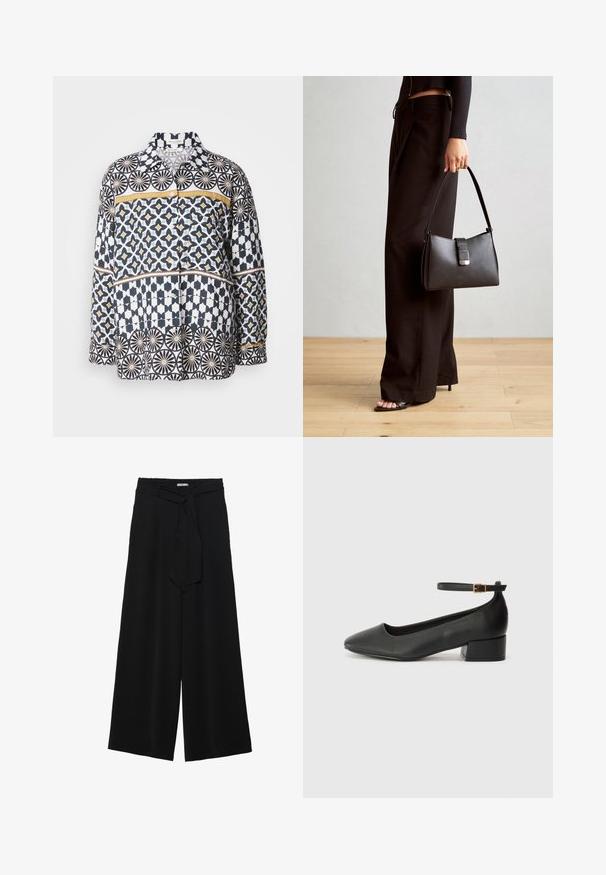 Langsleeve shirt van katoen met een geometrisch patroon in navy, wit en geel. Voorzien van een kraag en knoopsluiting aan de voorkant.; Zwarte wijde broek van textuurstof, met een elastische tailleband en een afneembare sjaalstrik in de taille voor een verstelbare pasvorm.; Zwarte leren pump met een spitse neus en een lage blokhak. Beschikt over een enkelband met een goudkleurige gespsluiting. Gladde textuur.; Zwarte handtas met gestructureerde vorm, gladde textuur en een metalen sluiting. Gecombineerd met brede zwarte broeken en sandalen met open teen op een houten vloer.