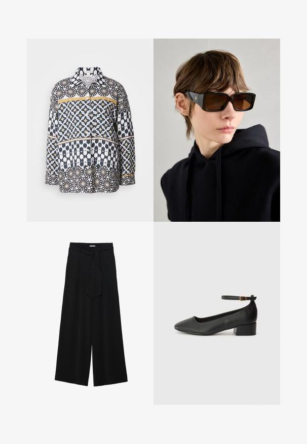 Košeľa s dlhým rukávom z bavlny s námornícky modrým, bielym a žltým geometrickým vzorom. Má golier a zapínanie na gombíky vpredu.; Čierne široké nohavice s textúrovanou tkaninou, elastickým pásom a odnímateľným viazaním na páse pre nastaviteľné priliehanie.; Čierne kožené lodičky s špicatou špičkou a nízkym blokovým podpätkom. Obsahuje remienok okolo členka so zlatým prackou. Hladký povrch.; Čierne nadrozmerné slnečné okuliare s lesklým povrchom, obdĺžnikový tvar, hnedé tónované sklá a zlatý logotyp na spolkách.