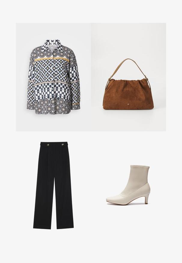 Långärmad skjorta i bomull med ett geometriskt mönster i marinblått, vitt och gult. Har krage och knäppning fram.; Svarta vida byxor med hög midja, knäppdetaljer i midjan och framfickor.; Vit ankboot i slätt läder med spetsig tå och en kort, avsmalnande klack. Har en minimalistisk design och sömlös ovandel.; Brun mockaläderhandväska med ett samlat mönster, som har en enkel rem i tanläder och en subtil guldfärgad logotypdetalj på framsidan.
