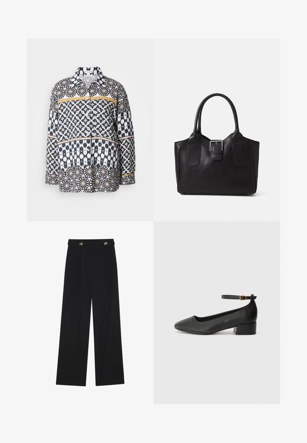 Hosszú ujjú pamut ing tengerészkék, fehér és sárga geometriai mintával. Gallérral és gombos elülső záródással rendelkezik.; Fekete, bő szárú nadrág magas derékkal, gombos részletekkel a derékrészen és elülső pliszékkal.; Fekete bőr magassarkú cipő hegyes orral és alacsony tömb sarkal. Bokapánttal rendelkezik, aranyszínű csattal. Simább textúra.; Fekete bőr bevásárlótáska sima textúrával, strukturált formával, két fogantyúval és egy figyelemfelkeltő ezüst csattal az elején.