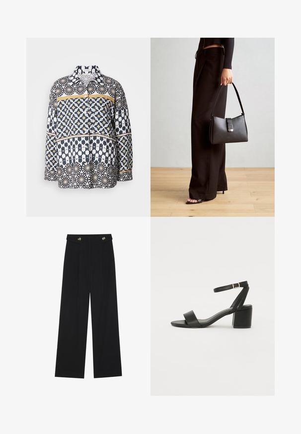 Cămașă cu mânecă lungă din bumbac, cu un model geometric în nuanțe de bleumarin, alb și galben. Dispune de guler și închidere cu nasturi pe față.; Pantaloni negri cu picioare largi, talie înaltă, detalii cu butoane pe talie și pliseuri în față.; Sandale cu toc înalt negre, cu un superior din piele netedă, vârf deschis, curele frontale late și curea pentru gleznă ajustabilă cu detaliu din aur.; Genți negre cu o formă structurată, textură netedă și un închizător metalic. Asortată cu pantaloni negri largi și sandale cu vârf deschis pe un podea din lemn.