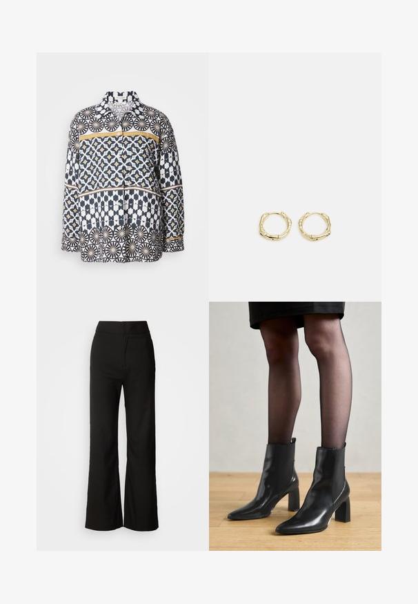 Ilgų rankovių medvilninis marškinėlis su tamsiai mėlyna, balta ir geltona geometrine raštu. Su apykakle ir sagų uždarymu priekyje.; Juodos plačios kelnės su lygiu paviršiumi, aukšta liemeni, ir švariu dizainu. Nėra matomų kišenių ar papuošimų.; Juodos odinės aulinės botai su smailiu priekiniu galiuku, masyviu kvadratiniu kulnu ir elegantišku dizainu. Yra elastingos šoninės detalės, kad būtų lengva užsidėti.; Aukso žiedo auskarai su tekstūruotu, netaisyklingu paviršiumi. Yra be siūlių užsegimas ir poliruotas paviršius, akcentuojantis modernų dizainą.