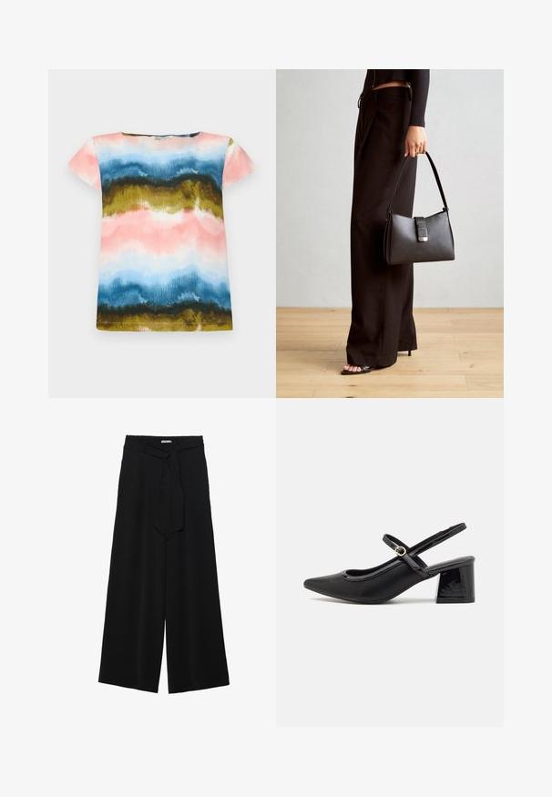 Majica s kratkimi rokavi z akvarelnim vzorcem v roza, modri, zeleni in zlati barvi. Mehka tkanina z udobnim krojem in okroglim izrezom.; Črne široke hlače iz teksturirane tkanine, z elastičnim pasom in odstranljivim trakom na pasu za prilagodljivo prileganje.; Črne patentne usnjene salonarce s slingback obliko, s koničastim nosom, zaobljenim izrezom in blok peto. Imajo zlato kovinsko zaponko kot dodatno okrasje.; Črna torbica z strukturirano obliko, gladko teksturo in kovinskim zaponko. Ujemajo se z širokimi črnimi hlačami in odprtimi sandali na lesenem tleh.
