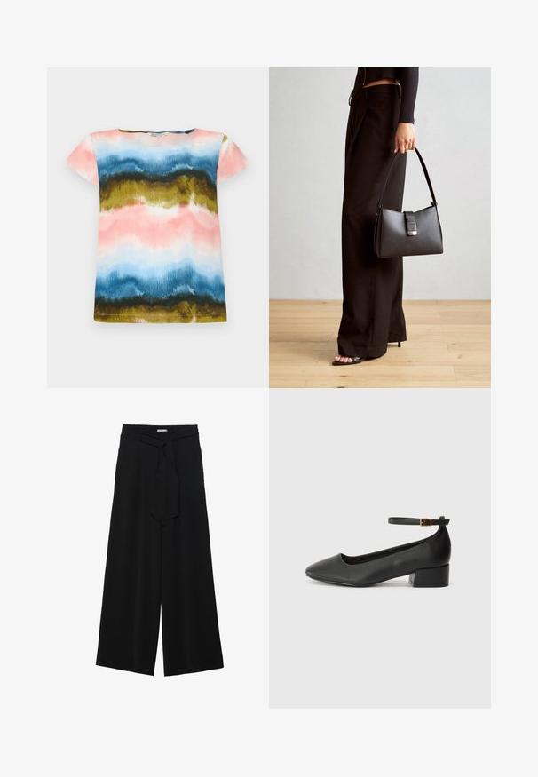 Lyhythihainen T-paita, jossa on akvarellikuosi vaaleanpunaisessa, sinisessä, vihreässä ja kultaisessa värissä. Pehmeä kangas, rento istuvuus ja pyöreä kaula-aukko.; Mustat leveät housut, joissa on teksturoitu kangas, joustava vyötärö ja irrotettava nauha vyötäröllä säädettävää istuvuutta varten.; Mustat nahkakengät, joissa on terävä kärki ja matala lohkare korko. Varustettu nilkkahihnalla, jossa on kultasävyinen solki. Lisää sileä pinta.; Musta käsilaukku, jossa on rakenteellinen muoto, sileä pinta ja metallinen solki. Yhdistetty leveisiin mustiin housuihin ja avonaiheisiin sandaaleihin puulattialla.
