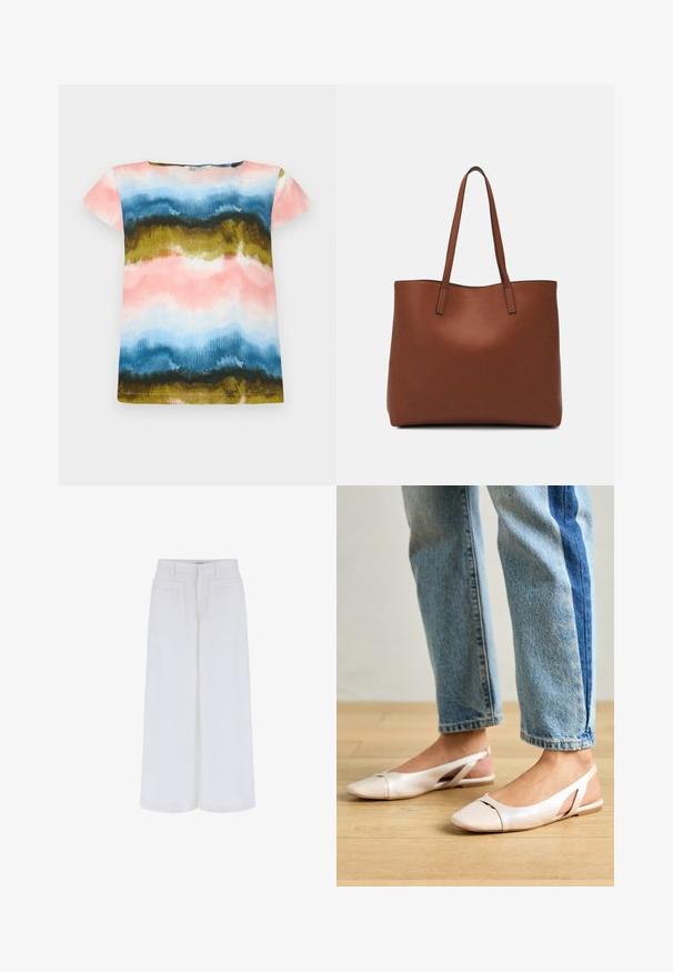 T-shirt a manica corta con un motivo ad acquerello nei toni del rosa, blu, verde e oro. Tessuto morbido con una vestibilità rilassata e scollatura rotonda.; Pantaloni bianchi a gamba larga con una texture liscia, dotati di due tasche frontali e chiusura a bottone, progettati per un fit rilassato.; Ballerine slingback rosa pallido con punta affusolata, realizzate in un materiale simile alla pelle liscio. Presentano dettagli a taglio sui lati e un tacco piatto.; Borsa tote in pelle marrone con texture liscia, design con apertura superiore e due spallacci. Presenta cuciture minime e nessun hardware visibile.