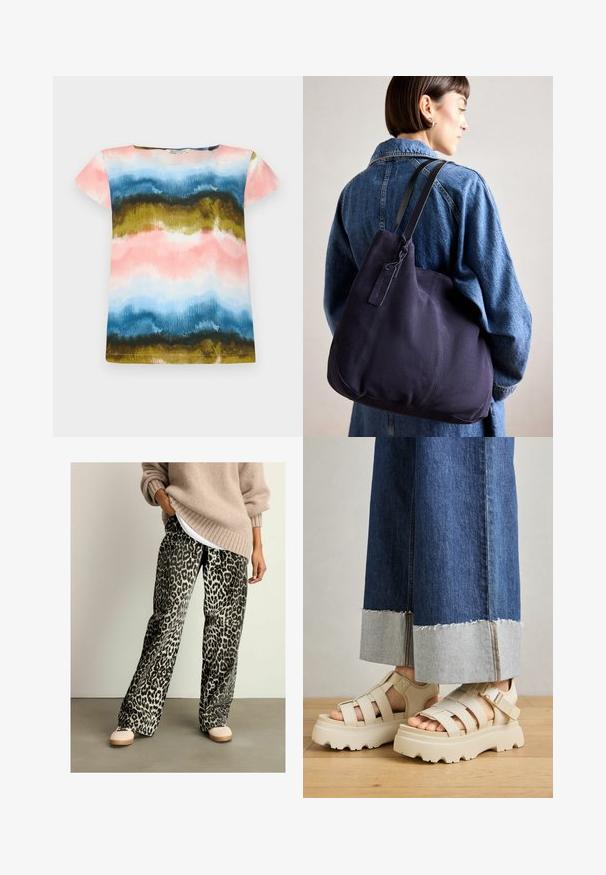 T-shirt à manches courtes avec un motif aquarelle dans les teintes rose, bleu, vert et doré. Tissu doux avec une coupe décontractée et un col rond.; Pantalons large en imprimé léopard fabriqués en tissu doux, avec une taille élastique et une palette de couleurs noir et beige. Accompagnés d'un pull beige.; Des sandales à plateforme beiges avec de épais semelles présentent un design à lanières et des sangles de cheville réglables. Portées avec un pantalon en denim à jambes larges, un ourlet est effiloché.; Sac à épaule en toile navy avec une forme douce et structurée, doté d'une sangle noire, de détails cousus et d'une petite étiquette de marque.