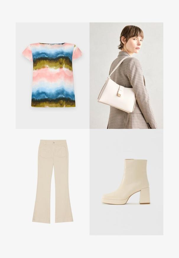 Short-sleeve T-shirt featuring a watercolor pattern in pink, blue, green, and gold. Soft fabric with a relaxed fit and round neckline.; Beige flared pants with a high waist, made of cotton fabric. Features front and back pockets, belt loops, and a single silver button.; Beige leather ankle boot with block heel and platform sole, smooth finish, and slightly squared toe facing left on white background.; White leather handbag with a structured design, featuring a magnetic clasp and a shoulder strap, showcased against a neutral background.