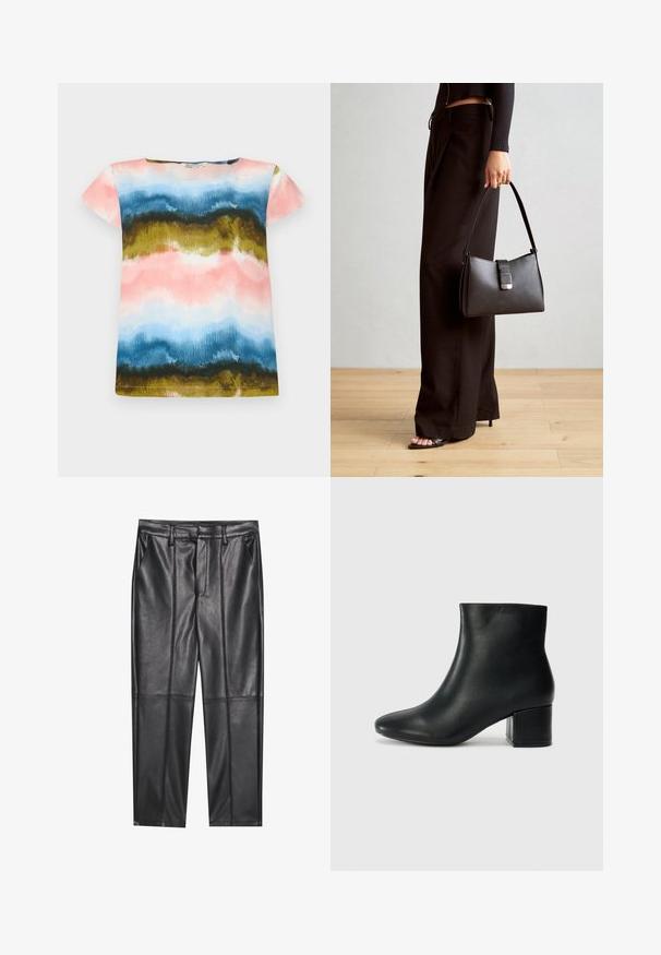 T-shirt de manga curta com um padrão em aquarela nas cores rosa, azul, verde e dourado. Tecido suave com um corte relaxado e decote redondo.; Calças de pele preta com uma textura suave, apresentando um ajuste reto, dois bolsos frontais e detalhes de costura visíveis.; Botas de tornozelo em pele preta com bico pontiagudo e um salto robusto. Textura suave com acentos mínimos e um design ajustado e elegante.; Bolsa preta com forma estruturada, textura suave e um fecho metálico. Combinada com calças largas pretas e sandálias de salto aberto sobre um chão de madeira.