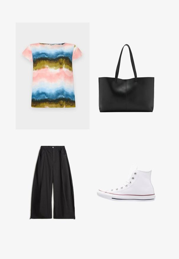 T-shirt a manica corta con un motivo ad acquerello nei toni del rosa, blu, verde e oro. Tessuto morbido con una vestibilità rilassata e scollatura rotonda.; Pantaloni neri a gamba larga con vita alta, dotati di pieghe, chiusura frontale con bottone e due tasche laterali. Realizzati in tessuto con una finitura testurizzata.; Sneaker alte bianche in pelle, con occhielli in argento, punta in gomma e una striscia rossa e blu sulla suola.; Borsa tote in pelle nera con due manici lunghi, un design elegante e dettagli di cucitura sottili lungo la cucitura centrale. Texture liscia.