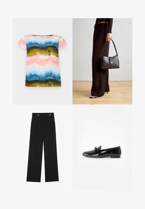 Short-sleeve T-shirt featuring a watercolor pattern in pink, blue, green, and gold. Soft fabric with a relaxed fit and round neckline.; Black wide-leg trousers with high waist, button details on waistband, and front pleats.; Black patent leather loafer with a flat sole, rounded toe, and a decorative strap featuring a gold-tone accent. Smooth, shiny finish.; Black handbag with structured shape, smooth texture, and a metallic clasp. Paired with wide black pants and open-toe sandals on wooden floor.
