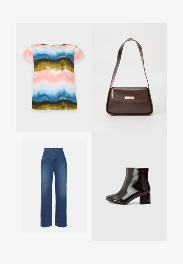 Kortärmad T-shirt med ett akvarellmönster i rosa, blått, grönt och guld. Mjuk tyg med avspänd passform och rund halsringning.; Höga jeans i medelblått. Har knappar framtill och vida ben. Tyget har en slät textur med lätt blekning.; Svarta lackläder ankle boots med spetsig tå och tjock klack. Slät yta med en subtil glans och rena linjer, minimalistisk design.; Brun läderaxelväska med en strukturerad form, som har en magnetisk klaffstängning och en metallisk logotypdetalj på framsidan.