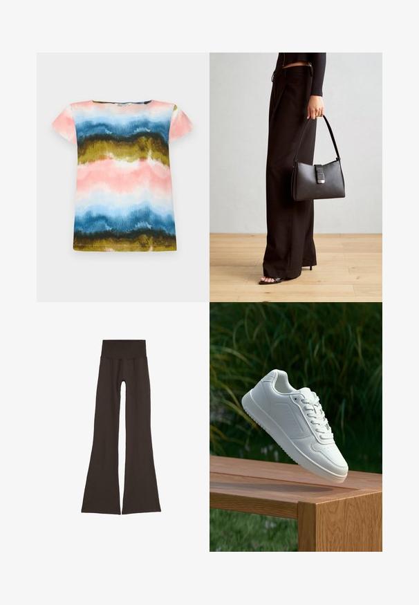 T-shirt à manches courtes avec un motif aquarelle dans les teintes rose, bleu, vert et doré. Tissu doux avec une coupe décontractée et un col rond.; Jambières évasées marron foncé avec une large ceinture côtelée. Fabriquées en matériau doux et extensible, elles présentent un design sans coutures et sans matériel visible.; Sneakers blanches avec une tige synthétique lisse, un avant perforé, des lacets plats et une semelle texturée, présentées sur une surface en bois.; Sac à main noir à la forme structurée, texture lisse et fermoir métallique. Associé à un pantalon noir ample et des sandales ouvertes sur un sol en bois.