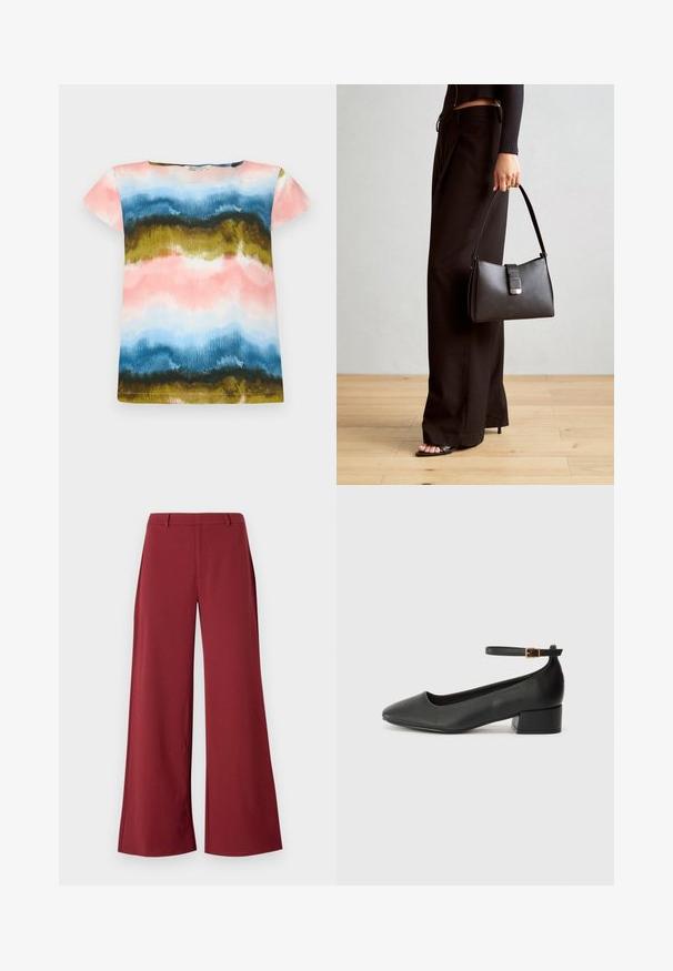 Lühi varrukaga T-särk, millel on akvarellmustritega roosa, sinine, roheline ja kuldne. Pehme kangas, lõdva istuvusega ja ümmargune kaelus.; Laiad püksid sügavas burgundia värvitoonis. Valmistatud siledast, venivast kangast, millel on kohandatud õmblused ja eesmine tõmblukk.; Must mustaapp, millel on terav nina ja madal blokk-kand. Omab pahkluu rihma koos kuldse tooni pandlaga. Sile tekstuur.; Must musta kott, millel on struktureeritud kuju, sile tekstuur ja metallist klamber. Kombineeritud laiate mustade pükstega ja avatud varvaste sandaalidega puidust põrandal.