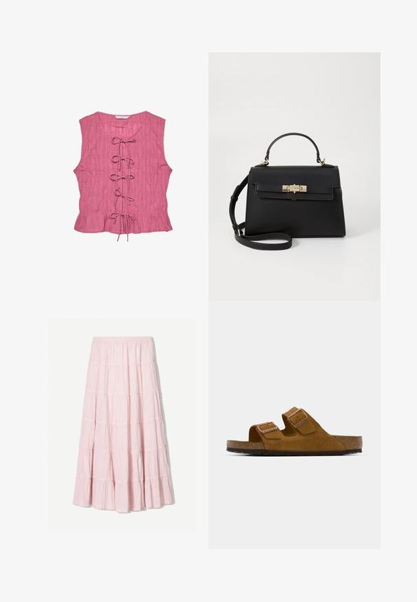 Roza bezrukavna bluzica s teksturiranim završetkom, s detaljem vezanja sprijeda i raširenim rubom. Lagani dizajn s opuštenim krojem.; Svijetlo ružičasta, slojevita maxi suknja izrađena od teksturirane, lagane tkanine. Elastična jedinica struka i lepršavi rub s naborima.; Smeđe nubuk sandale sa dva podesiva remena, korkovom unutrašnjošću i teksturiranom gumenom potplatnom. Minimalistički dizajn bez dodatnih ukrasa.; Crna kožna torba sa strukturiranim dizajnom, gornjom drškom, odvojivim remenom za rame i zlatnim detaljima. Ima prednje zatvaranje na kopču.