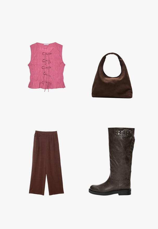 Vaaleanpunainen ilman hihoja oleva paita, jossa on teksturoitu pinta, edessä nauhoitusyksityiskohta ja levenevä helma. Kevyt, rento malli.; Ruskeat leveälahkeiset housut, joissa on nyörikiinnitys vyötäröllä, pleateilla ja pehmeällä tekstuurilla, valmistettu kevyestä kankaasta.; Korkean varren ruskea nahkakenkä, jossa on tekstuuripinta, sivuilla solki- ja napin yksityiskohtia, sekä tasainen kumipohja.; Pehmeä ruskea hobo-tyylinen käsilaukku, jossa on yksi leveä olkahihna ja kaareva yläosan aukko, esitelty valkoista taustaa vasten.