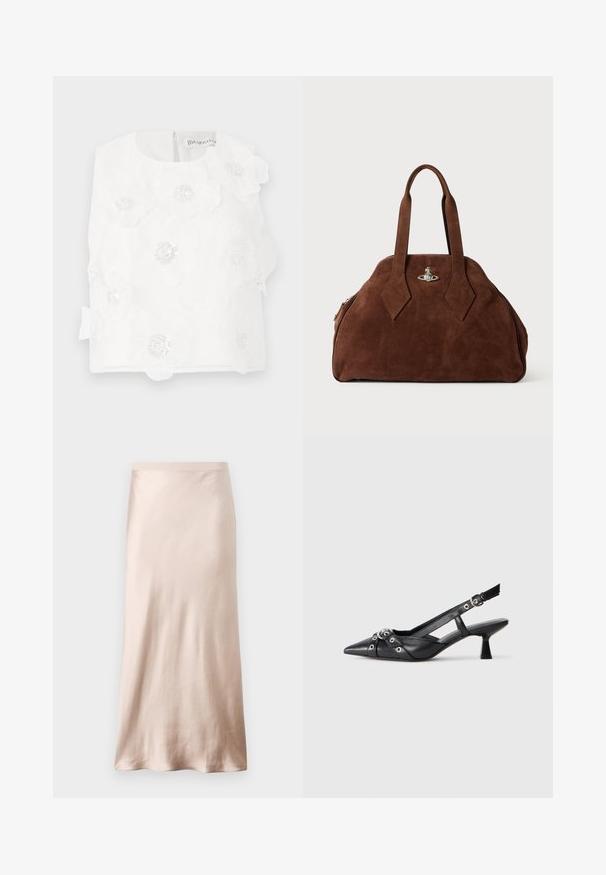 Hvid ærmeløs top med broderede blomster, perle detaljer og en glat tekstur. Lukning bagpå med en lille, diskret lynlås.; Satin midi-nederdel i lyse beige, med en tætsiddende talje, glat tekstur og en udvidet nederkant, uden synlige dekorationer eller lommer.; Sort lædersandal med spids tå, dekorative stropper med metaløjer og en lav blokhæl. Struktureret overflade.; Brun suede håndtaske med en struktureret form, rund krop og forlængede diamantformede håndtag. Har en hardwarelukning i sølv.