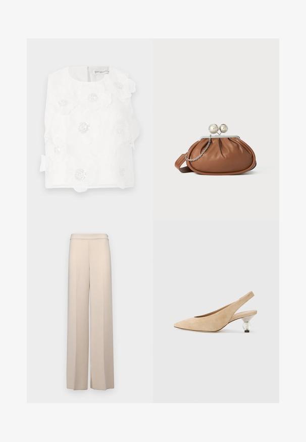 Biely top bez rukávov s vyšívanými kvetmi, korálkovými detailmi a hladkou textúrou. Zapínanie na chrbte s malým, diskrétnym zipsom.; Béžové nohavice s širokými nohavicami z hladkej tkaniny, s vysokým pásom a jemnými prednými skladmi. Bez vreciek alebo viditeľných horských detailov.; Béžová semišová slingback obuv s špicatou špičkou a priehľadným, zaobleným podpätkom. Hladká textúra a minimalistický dizajn.; Hnedá kožená kabelka s strieborným guľovým zapínaním a malým strieborným reťazom na bielom pozadí.