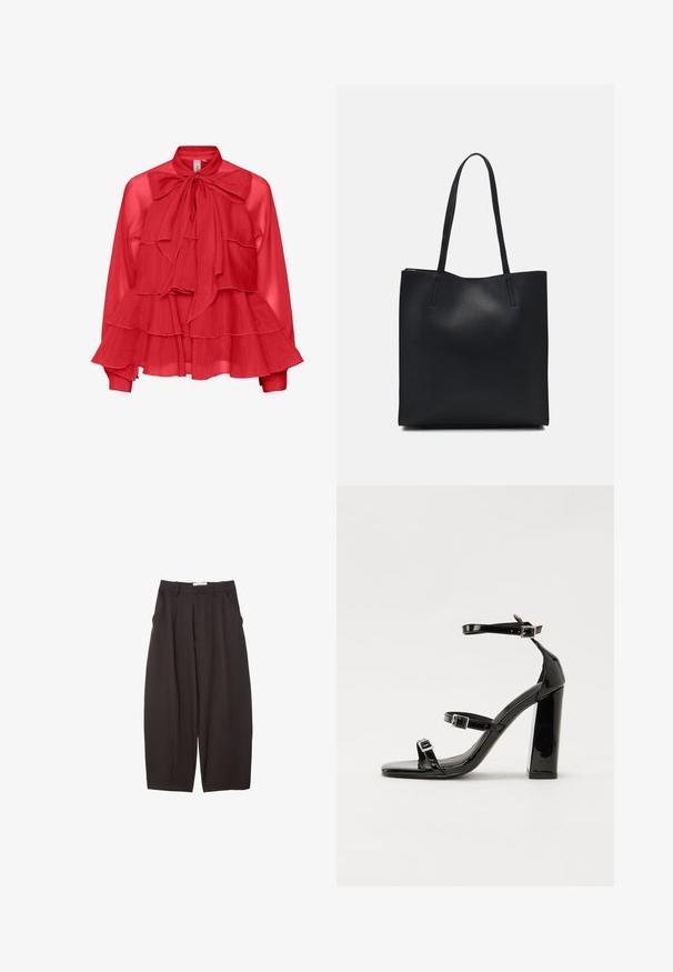 Rød, gennemsigtig bluse med en sløjfe ved halsen, lagdelt flæse-design, lange ærmer og manchet detaljer. Letvægtsstof med en flydende silhuet.; Sorte brede bukser lavet af et glat stof, med høj talje, forfaldne folder og sidelommer. Simpelt design uden udsmykninger.; Sorte patenterede hælsandaler med firkantet tå, ankelremme og sølvspænder. Har en chunky blokHæl for stabilitet.; Sort læder tote taske med glat tekstur, rektangulær form og to lange hanke. Ingen synlig hardware eller udsmykninger.