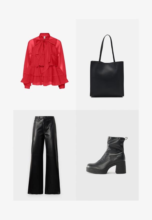 Rote, durchsichtige Bluse mit einer Schleifen-Halslinie, geschichteter Rüschendesign, langen Ärmeln und Manschettendetails. Leichter Stoff mit einem fließenden Silhouette.; Schwarze leichte, weit geschnittene, hochtaillierte Kunstlederhose mit vorderem Knopf, Reißverschluss, Gürtelschlaufen und Seitentaschen auf weißem Hintergrund.; Schwarze Stiefeletten aus glattem Leder mit seitlichem Reißverschluss, klobigem strukturiertem Absatz und runder Zehenform.; Schwarze Laptoptasche aus Leder mit glatter Textur, rechteckiger Form und zwei langen Griffen. Keine sichtbaren Beschläge oder Verzierungen.
