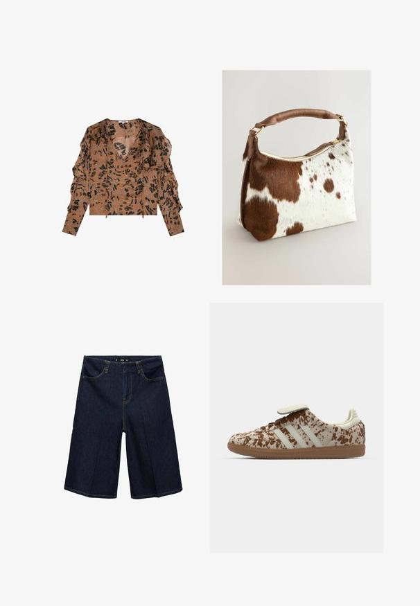 Brun bluse med sorte abstrakte mønstre, lange ærmer og flæsedetaljer. Letvægts, struktureret stof med dyb V-hals.; Mørkeblå denim bermudashorts med en afslappet pasform, der har to forlommer, gule sømme og et elastisk bælte i taljen.; Sneaker med et beige og brunt spraglet mønster, med tre hvide striber, en velcrostrop og en brun gummisål.; Lædertaske i gedeskind med brun og hvid pletmønster, brun læderrem, guldlås og blød tekstur. Struktureret form med afrundede kanter.