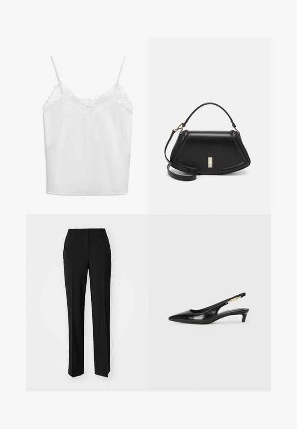 IVY OAK ELAINA - Top - snow white; Črne krojene hlače s direktnim krojem, ki se ponašajo z gladko teksturo in ostrimi pregibi spredaj. Ni vidne kovine.; Črne usnjene sandale na peto z ostro konico, ki imajo tanko peto in zlat ton na nastavljivem traku. Gladka tekstura.; Črna usnjena torbica s strukturnim dizajnom, ki ima skrajšano obliko, zgornji ročaj in zlate dodatke. Vključena je nastavljiva ramenska naramnica.