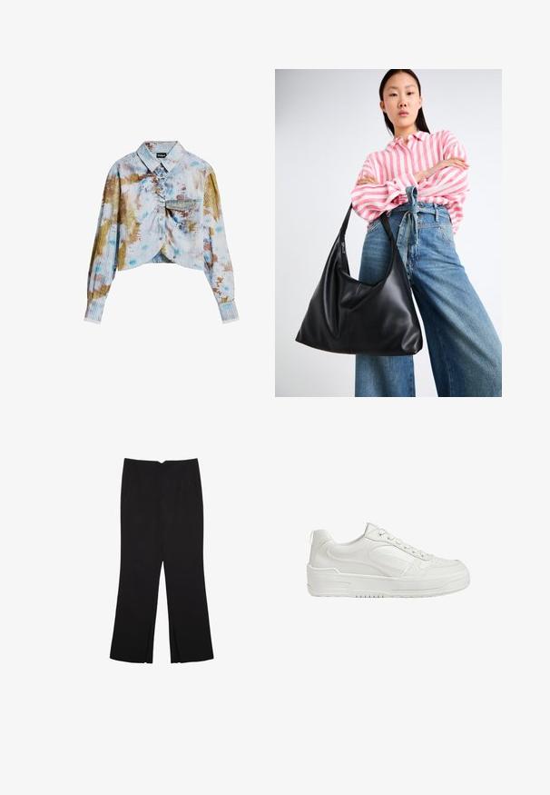 Camicetta corta a maniche lunghe con chiusura a bottoni, texture a coste, taschino sul petto e motivo tie-dye multicolore nei toni del blu, marrone e bianco.; Pantaloni neri a gamba dritta, con tasche frontali e spacchi laterali all'orlo. Realizzati in tessuto morbido e liscio. Adatti a diverse occasioni.; Sneakers bianchi in pelle con texture liscia, caviglia imbottita e punta perforata. Presentano una suola in gomma leggermente sollevata e un design con lacci.; Borsa a spalla in pelle nera con una forma morbida e dettagli sulle cuciture. Il modello indossa una camicia a righe rosa e bianche con jeans a gamba larga blu.