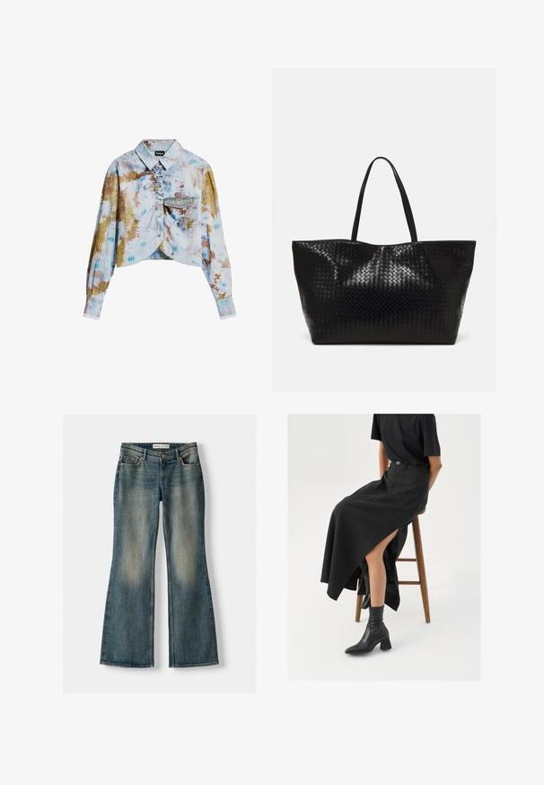 Langærmet cropped skjorte med knaplukning foran, ribbet tekstur, brystlomme og flerfarvet tie-dye mønster i blå, brun og hvide nuancer.; Blå flared jeans med en falmet vask, fem lommer og knaplukning. Materialet viser en denimtekstur med subtile syninger.; Sort linned maxi-nederdel med en høj slids, båret med en sort t-shirt og sorte ankelstøvler. Minimalistisk design med en afslappet pasform.; Sort vævet tote bag med to robuste håndtag, der har en blank overflade og et rummeligt åbent top design.