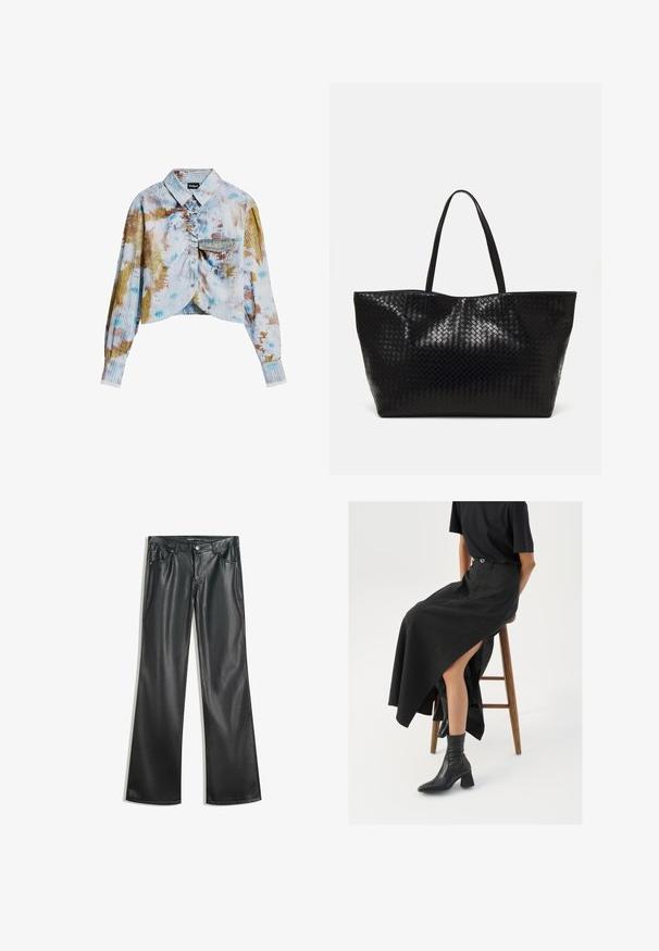 Langærmet cropped skjorte med knaplukning foran, ribbet tekstur, brystlomme og flerfarvet tie-dye mønster i blå, brun og hvide nuancer.; Sorte faux læder flare bukser med en glat tekstur, fem-lomme design, lynlås foran og kontrasterende syninger.; Sort linned maxi-nederdel med en høj slids, båret med en sort t-shirt og sorte ankelstøvler. Minimalistisk design med en afslappet pasform.; Sort vævet tote bag med to robuste håndtag, der har en blank overflade og et rummeligt åbent top design.
