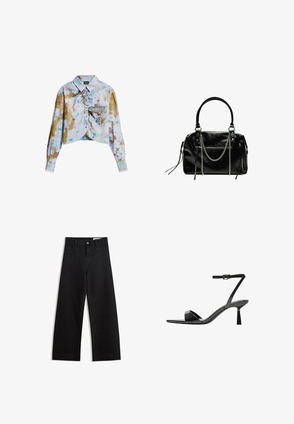 Camicetta corta a maniche lunghe con chiusura a bottoni, texture a coste, taschino sul petto e motivo tie-dye multicolore nei toni del blu, marrone e bianco.; Pantaloni in denim neri a gamba larga con vita alta, dotati di tasche anteriori e posteriori, cuciture a punto, e chiusura con bottone. Texture liscia.; Bershka Sandali con tacco - black; Bershka WITH CHAIN - Borsa a mano - black