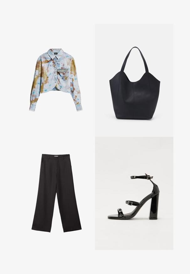 Kraťoučká košile s dlouhým rukávem, knoflíkovou přední částí, ribstop texturou, kapsou na hrudi a vícebarevným tie-dye vzorem v modré, hnědé a bílé barvě.; Černé široké kalhoty vyrobené z hladké tkaniny, s předním zipem a dvěma bočními kapsami, s dobře padnoucím střihem a minimalistickým designem.; Černé lakované sandály na podpatku se čtveratou špičkou, lýtkovými pásky a stříbrnými přezkami. Disponují masivním blokovým podpatkem pro stabilitu.; Černá taška přes rameno vyrobená z hladké kůže, s zakřiveným, otevřeným vrchem a dvěma ramenními popruhy, s minimalistickým designem.