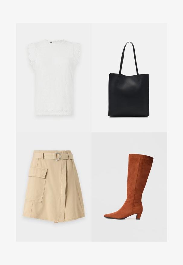 Top bianco in pizzo con maniche corte e bordi scallopati, caratterizzato da un motivo floreale testurizzato e un collo rotondo.; Gonna in cotone beige con tasca laterale, vita con cintura caratterizzata da un anello di metallo argentato e una leggera forma a A. Texture liscia e design semplice.; Stivale marrone in suede alto fino al ginocchio con punta affusolata e tacco a blocco piccolo, caratterizzato da una superficie liscia e un design minimalista.; Borsa tote in pelle nera con texture liscia, forma rettangolare e due manici lunghi. Nessun hardware o decorazione visibile.