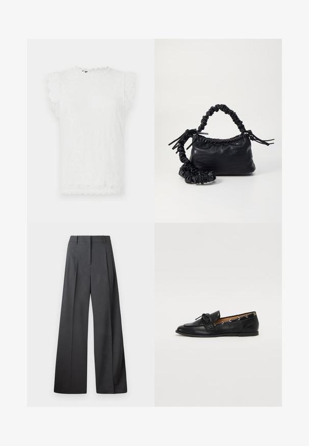 Baltos nėriniai marškiniai su trumpomis, banguotomis rankovėmis, turintys tekstūruotą gėlių raštą ir apvalų iškirpimą.; Tamsiai pilkos plačios kojos kelnės, turinčios aukštą liemenį, vieną raukšlę ir sklandžią tekstūrą su tvarkingais kraštais.; Juodi odiniai loafai su surišta mazgeliu, su auksinėmis akytėmis šoninėse dalyse ir plokščiu guminiu padu. Lygus paviršius, klasikinis dizainas.; Juodas dirbtinės odos rankinė su krokodilo tekstūra, sušnibždinta viršuje ir susikraipytu dirželiu. Atrodo minkšta ir kompaktiška.