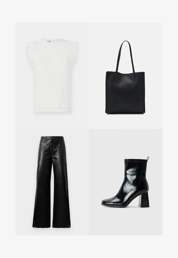 Baltos nėriniai marškiniai su trumpomis, banguotomis rankovėmis, turintys tekstūruotą gėlių raštą ir apvalų iškirpimą.; Juodos aukšto juosmens plačios kojų dirbtinės odos kelnės su priekiniais mygtukais, užtrauktuku, diržo kilpomis ir šoninėmis kišenėmis ant balto fono.; Juodas patentuotas kulkšninis botą su kvadratiniu pirštu ir stambiu geometriniu kulnu. Pristatomas lygus, blizgus paviršius ir užpakalinė kilpa, skirta patogiam apsiaustimui.; Juodas odinis tote krepšys su lygia tekstūra, stačiakampio formos ir dviem ilgais rankenomis. Matomų metalinių detalių ar puošybos nėra.