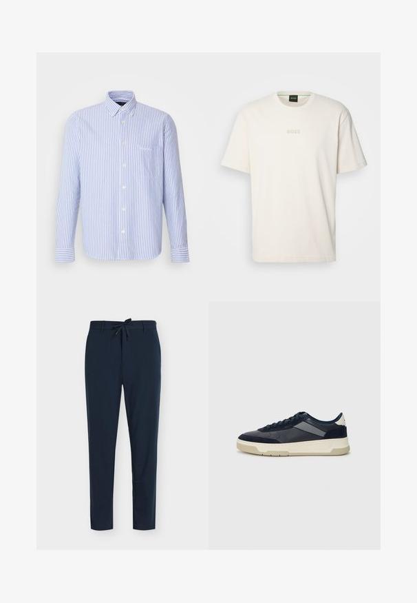 Zila un balta svītrainā krekla, ar garām piedurknēm, kokvilnas materiāls, viens krūšu kabata, asas apkakles, teksturēts audums.; BOSS TEE - Pamata T-krekls - open white; Tumši zili lielgabalu bikses no gluda auduma ar auklu jostu, ar vertikālu svītru rakstu un šauru kāju dizainu.; BOSS BALTIMORE - Sporta apavi - open blue