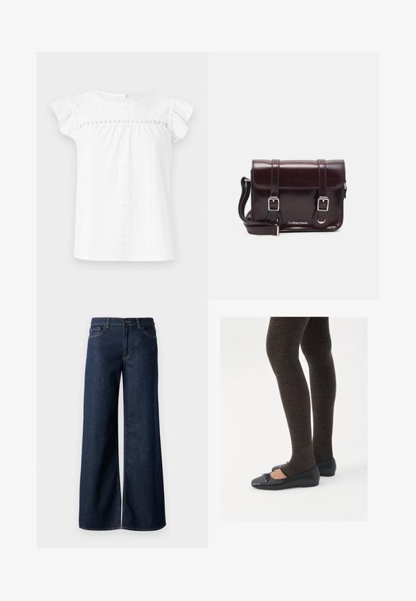 Witte top met korte mouwen van textuurstof met oogjespatronen. Heeft een gathering in het lijf en ruches op de mouwen, wat een ontspannen silhouet creëert.; Stijlen met wijde pijpen in donkerblauw denim. Kenmerkt zich door contrasterende stiksels, vijf zakken en een knoopsluiting in de taille. Soepele textuur.; Zwarte platte schoenen met een kleine strikdetail op de neus, gecombineerd met donkerbruine geribbelde panty’s. De schoenen hebben een gladde textuur en een lage profiel.; Bordeaux patent leren crossbody tas met een rechthoekige vorm, twee banden, zilveren hardware en een klep sluiting.