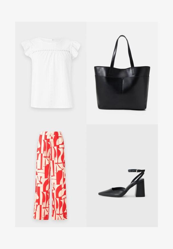 White short-sleeve top made of textured fabric with eyelet patterns. Features a gathered bodice and ruffled sleeves, creating a relaxed silhouette.; Red patterned wide-leg pants featuring an elastic waistband, comprised of lightweight fabric with abstract shapes in red and cream.; Black leather pointy-toe pump with an ankle strap and a chunky heel. Flat texture, sleek design, and minimalistic aesthetics.; Black leather tote bag with two long handles, a smooth texture, and a structured shape. Features a front pocket for additional storage.