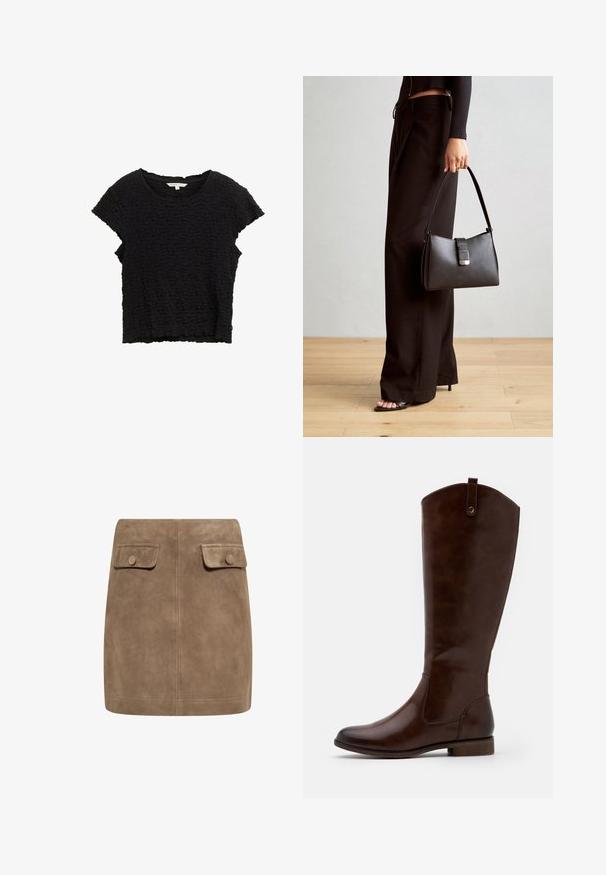 Schwarzes Kurzarmoberteil aus strukturiertem Stoff mit einer zerknitterten Optik. Verfügt über einen runden Ausschnitt und einen lockeren Schnitt mit einem ungleichmäßigen Saum.; Brauner Wildleder-Minirock mit glatter Textur, ausgestattet mit zwei vorderen Klappentaschen und Druckknopfverschlüssen an beiden Seiten. Schlichtes, gerades Design.; Braune kniehohe Stiefel aus glattem Leder, mit runder Zehenform, niedrigem Blockabsatz und einem dezente Stichmuster an den Seiten.; Schwarze Handtasche mit strukturierter Form, glatter Textur und einem metallischen Verschluss. Kombiniert mit weiten schwarzen Hosen und offenen Sandalen auf einem Holzboden.