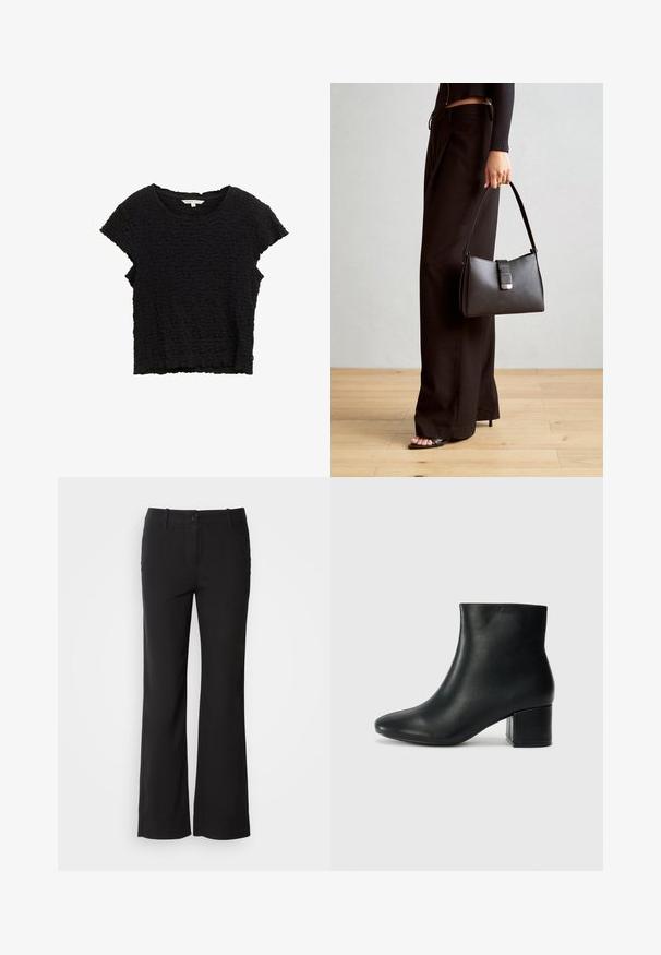 Melnā īsā piedurkņu blūze, kas izgatavota no teksturēta auduma ar drupu izskatu. Izceļas ar apaļu izgriezumu un brīvu piegriezumu ar nevienmērīgu apakšējo malu.; Melni kokvilnas auduma bikses ar taisnu kāju dizainu, priekšējo pogu aizdari un divām sānu kabatām. Gluda tekstūra, bez redzamām rakstu zīmēm.; Melna ādas potīšu zābaki ar smailu purngalu un masīlu papēdi. Gluda tekstūra ar minimāliem akcentiem un gludu, pieguļošu dizainu.; Melnā somiņa ar strukturētu formu, gludu tekstūru un metālu sprādzi. Saskaņota ar platām melnām biksēm un sandālēm ar atvērtu purngalu uz koka grīdas.