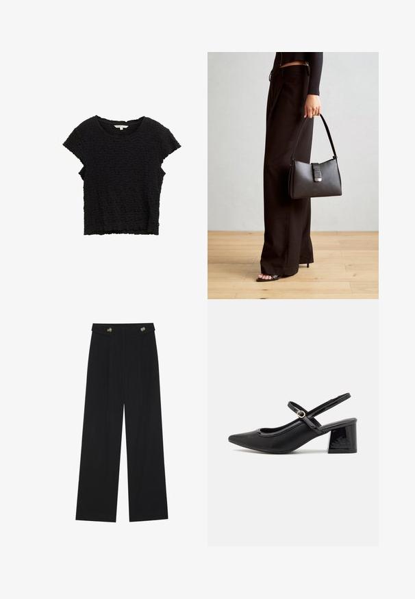 Černý krátký rukáv vrchol vyrobený z texturované látky s pomačkaným vzhledem. Má kulatý výstřih a volný střih s nepravidelným lemem.; Černé široké kalhoty s vysokým pasem, detailní knoflíky na pase a přední záhyby.; Černé lakované lodičky s otevřenou patou, špičatou špičkou, zaobleným střihem a blokovým podpatkem. Zdobené akcentem v zlatém tónu.; Černá kabelka se strukturovaným tvarem, hladkým povrchem a kovovým uzávěrem. Kombinována s širokými černými kalhotami a sandály s otevřenou špičkou na dřevěné podlaze.