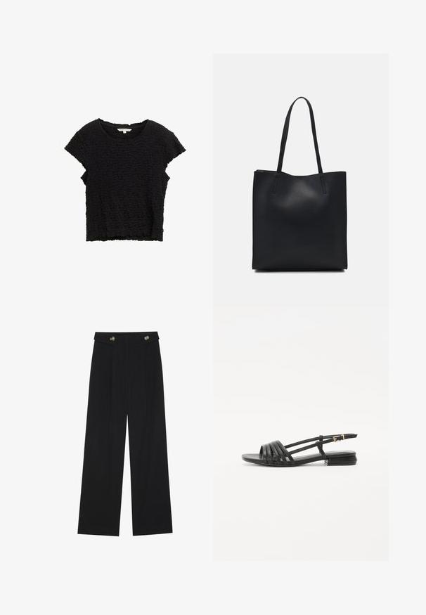 Črna majica s kratkimi rokavi iz teksturirane tkanine z gubanim videzom. Ima okroglo ovratnico in ohlapen kroj z neenakomernim robom.; Črne široke hlače s visokim pasom, gumbnimi detajli na pasu in sprednjimi gubami.; Črne ravne sandale s trakastim dizajnom, ki vključuje več usnjenih trakov in ozko zaponko okoli gležnja. Podplat je raven in pravokoten.; Črna usnjena torba s svilnato teksturo, pravokotne oblike in dvema dolgima ročajema. Brez vidnih metalnih delov ali okrasnih elementov.