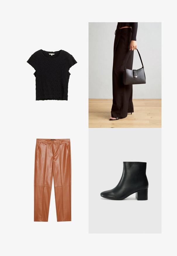 Zwart T-shirt met korte mouwen, gemaakt van een gestructureerde stof met een kreukelig uiterlijk. Beschikt over een ronde halslijn en een losse pasvorm met een ongelijkwaardige zoom.; Bruine faux leren broeken met een op maat gemaakte pasvorm, voorzien van voorplooien en rechte pijpen. Gladde textuur zonder zichtbare hardware of accenten.; Zwarte leren enkellaarzen met een spitse neus en een chunky hak. Gladde textuur met minimale accenten en een slank, strakk ontwerp.; Zwarte handtas met gestructureerde vorm, gladde textuur en een metalen sluiting. Gecombineerd met brede zwarte broeken en sandalen met open teen op een houten vloer.