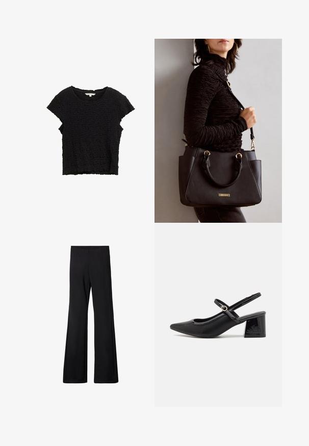 Schwarzes Kurzarmoberteil aus strukturiertem Stoff mit einer zerknitterten Optik. Verfügt über einen runden Ausschnitt und einen lockeren Schnitt mit einem ungleichmäßigen Saum.; Schwarze, ausgestellt geschnittene Hose mit einem elastischen Bund, hergestellt aus einem weichen, dehnbaren Stoff. Sie hat eine glatte Oberfläche und keine sichtbaren Muster oder Beschläge.; Schwarze Lackleder-Slingback-Absätze mit spitzer Zehenform, einem runden Ausschnitt-Design und einem Blockabsatz. Mit einem goldfarbenen Schnallenakzent.; Schwarze Handtasche mit strukturierten Oberflächen, doppelten Obergriffen und verstellbarem Schultergurt. Mit goldfarbener Hardware und Seitentaschen.