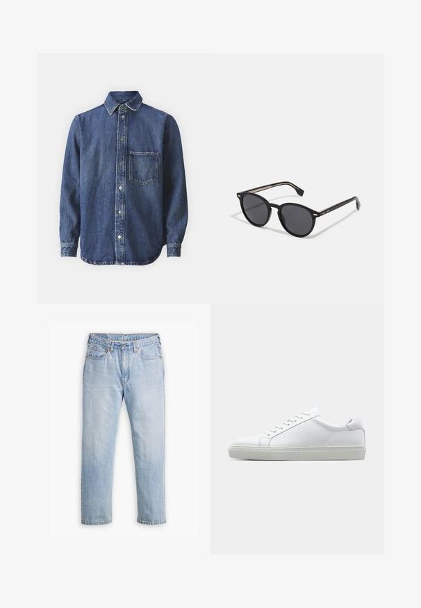 Koszula dżinsowa, ciemnoniebieska, zapinana na guziki z przodu, z długimi rękawami, kołnierzyk punktowy, jedna kieszeń na piersi, lekko wyblakła tekstura, z widocznymi detalami szycia.; Jasnoniebieskie dżinsy wykonane z denimu o prostym kroju, styl pięciu kieszeni i kontrastowe szwy. Zapięcie na guziki i zamek błyskawiczny w talii.; Białe sneakersy z gładką skórzaną cholewką i niskim profilem. Posiadają okrągły nos, sześć dziurek na sznurówki oraz teksturowaną gumową podeszwę.; BOSS Okulary przeciwsłoneczne