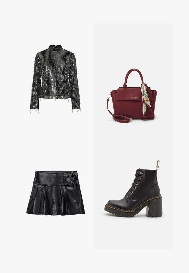 Fekete, hosszú ujjú, magas nyakú felső, függőleges fémes flitterekkel és rojtos részletekkel, ami texturált és visszaverő felületet létrehoz.; Fekete bőrnadrág redőkkel, széles derékrésszel és két csattal az oldalon. Sima textúra fényes felülettel.; Fekete bőr bokacsizma, telitalpú, csipkés elülső résszel, fém szemekkel és sárga varrással a talpon. Texturált gumi talp.; Burgundy színű, szintetikus anyagból készült kézitáska, strukturált dizájnnal, levehető pánttal és a fogantyúra kötött virágmintás sállal.